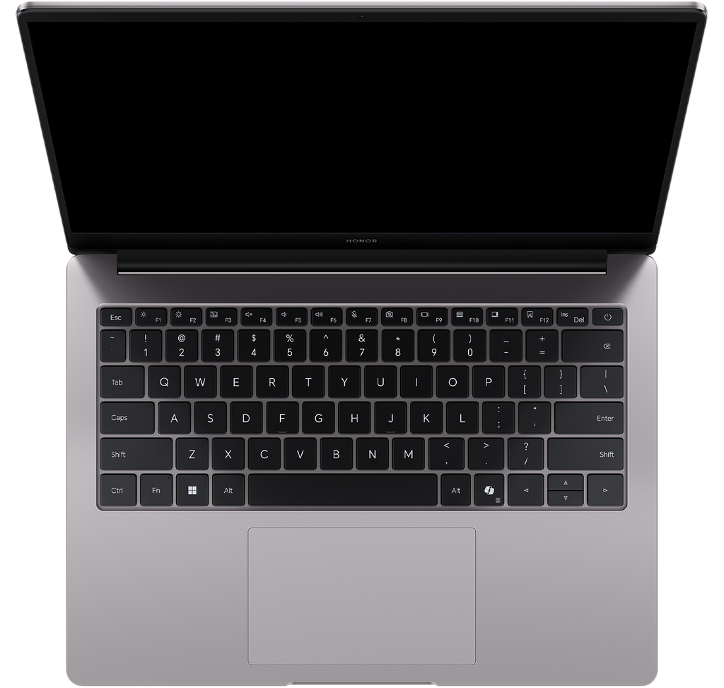 HONOR MagicBook X14 Ryzen 2026 Grigio stellare — vista dall'alto completa con tastiera e touchpad