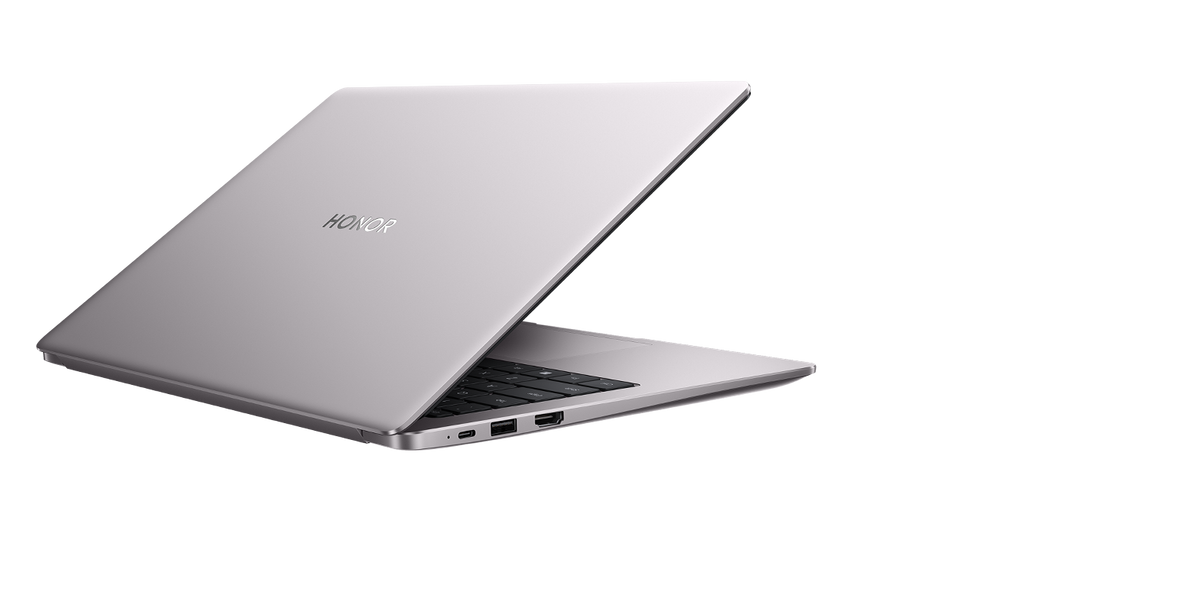 HONOR MagicBook X14 2025 Combat Grigio stellare — vista posteriore di tre quarti, socchiuso, con le porte