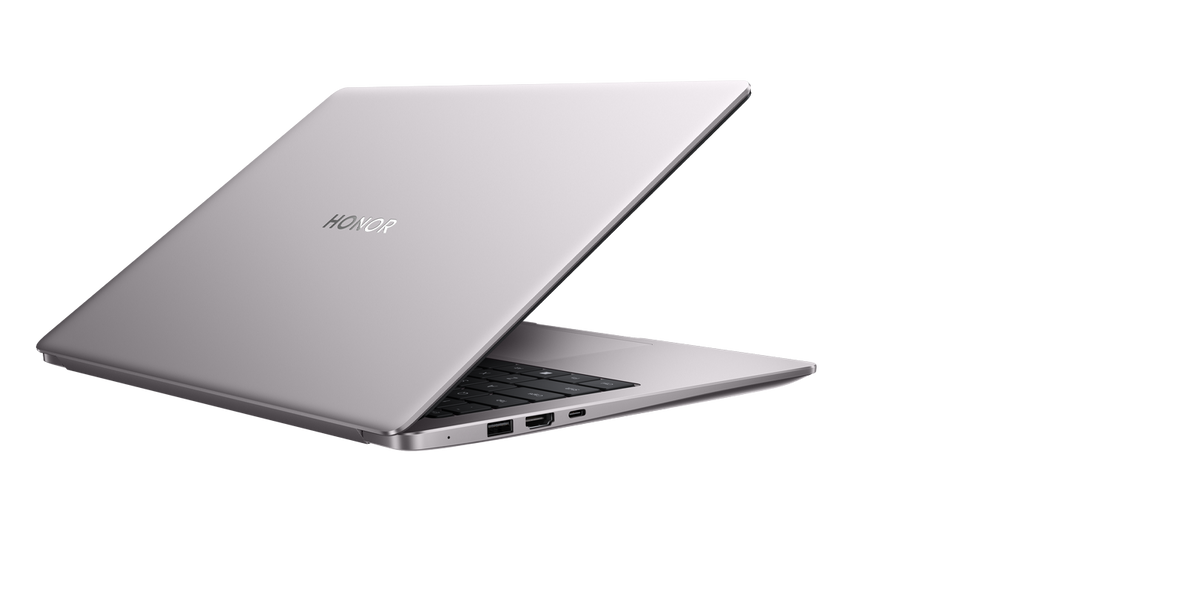 HONOR MagicBook X14 Ryzen 2026 Grigio stellare — vista posteriore di tre quarti con porte USB-A, HDMI e USB-C