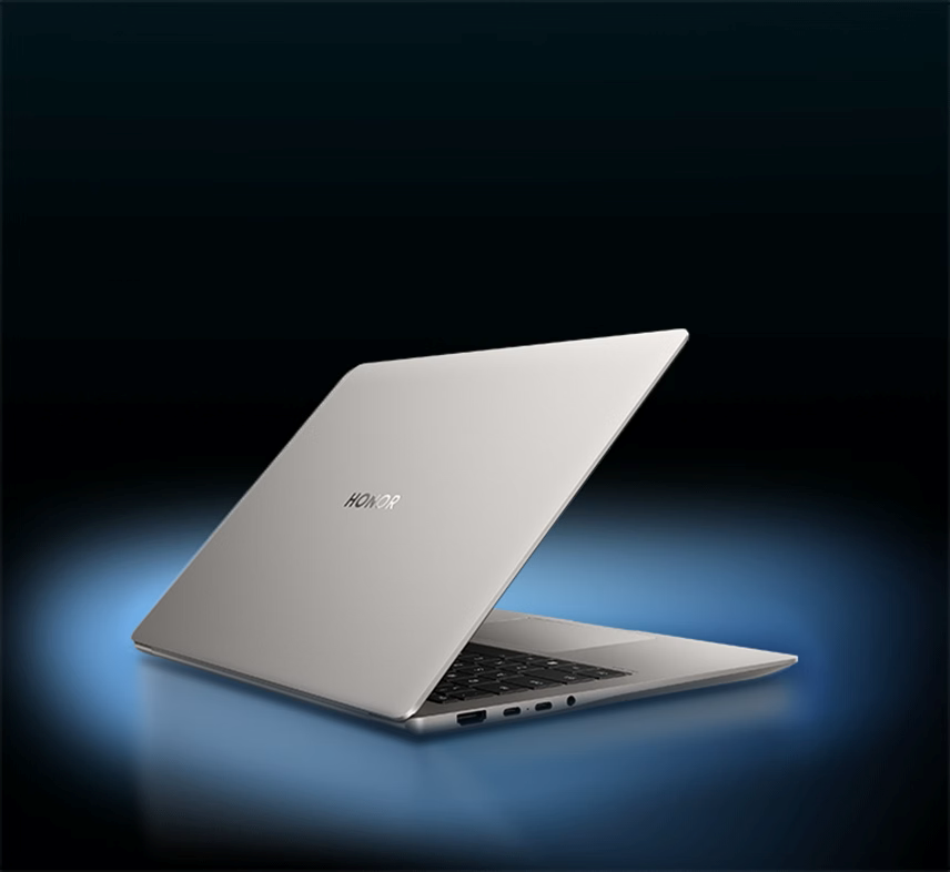 HONOR MagicBook Pro 14 Refresh en Gris, ouvert, vue arrière de trois quarts