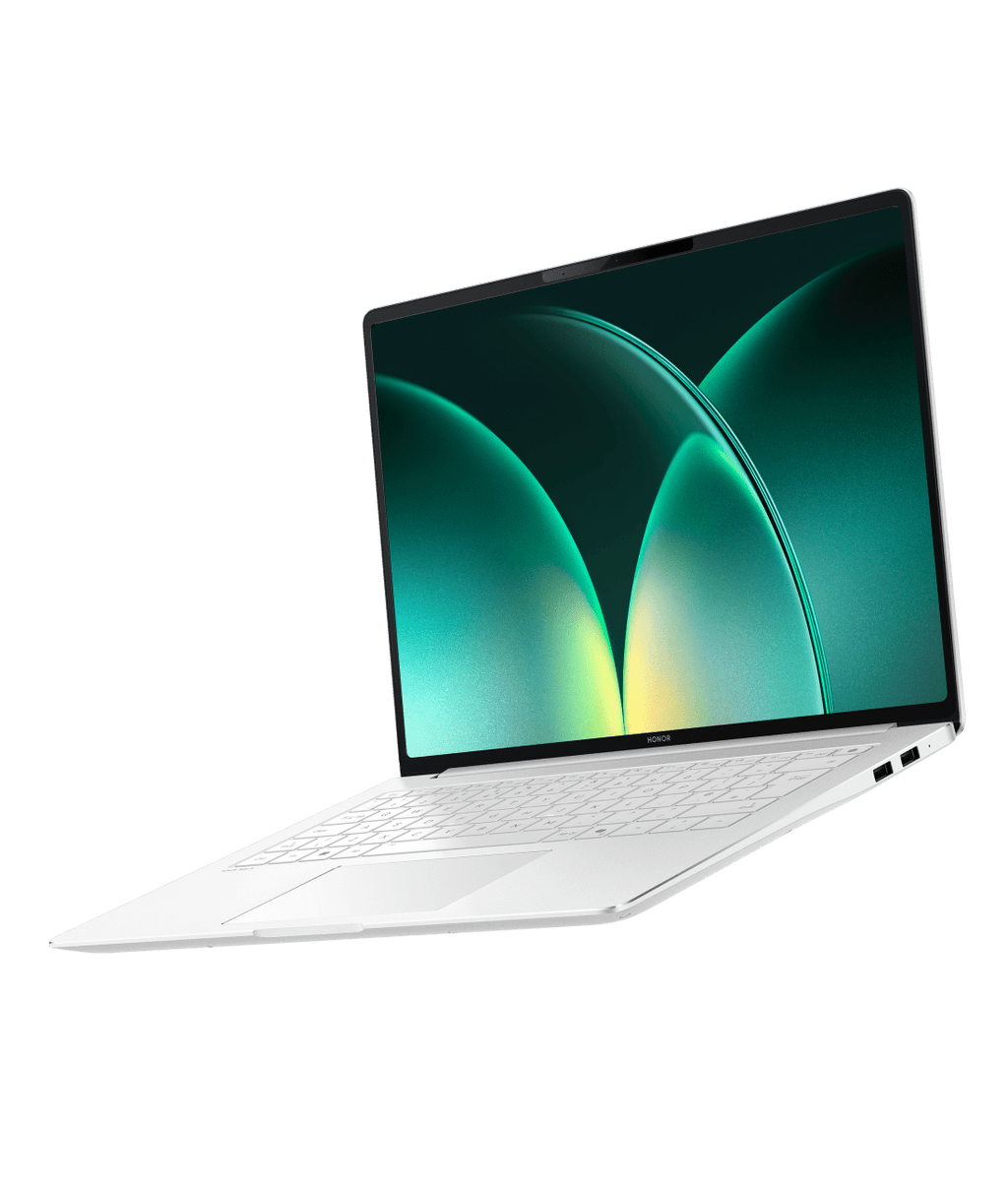 HONOR MagicBook Pro 14 2026 w kolorze Biały, widok z boku w trzech czwartych