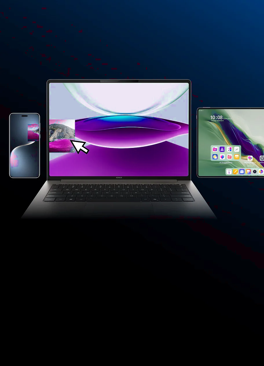 HONOR MagicBook Pro 14 Joy Edition in multi-screen use with phone and tablet