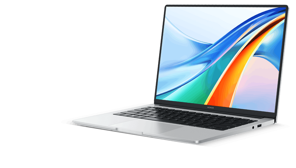 HONOR MagicBook X14 2025 Combat Grigio stellare — aperto in vista frontale di tre quarti